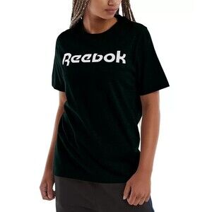 Reebok Women's Logo-Print Crewneck T-Shirt Casual/ Activewear Black White Logo L